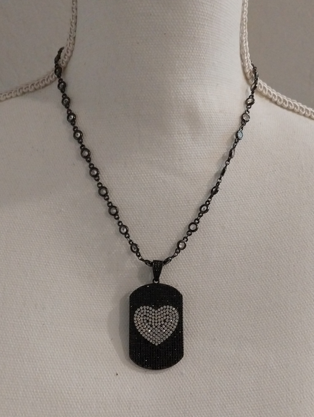 Black Pave Heart Dog Tag Necklace — Women's Heart Pendant NWOT